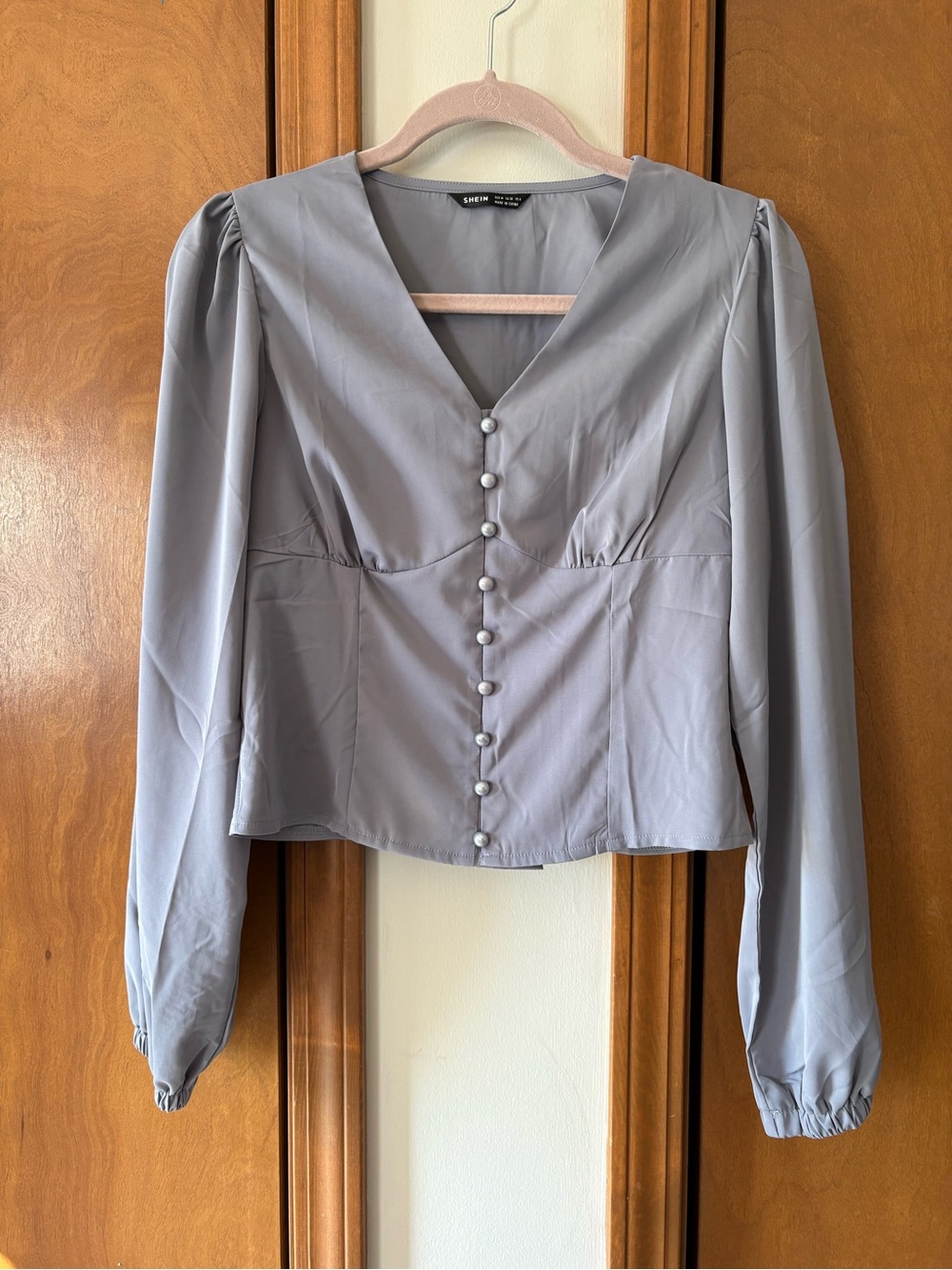 SHEIN Lavender Gray V-Neck Button Front Blouse
